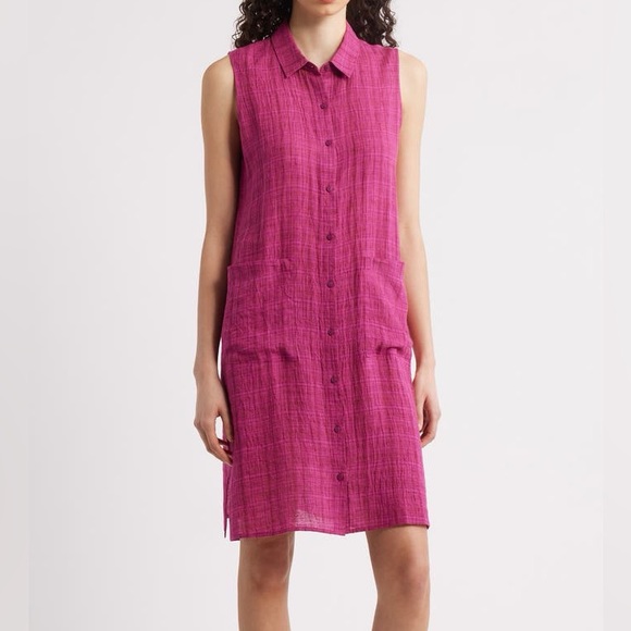 EILEEN FISHER Organic Linen Plaid Sleeveless Shift Dress Sangria L - Picture 8 of 8